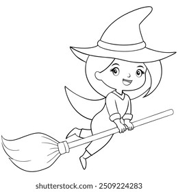 Happy witch flying on a broomstick, simple black and white cartoon style, Halloween web icons, childrens story illustrations, whimsical and playful Halloween theme