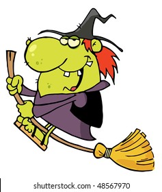 Happy Witch Rides Broom