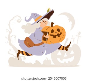 Feliz bruxa correndo com abóbora e livro. Desenho animado de uma bruxa alegre carregando um jack-o-lantern e livro, com um sapo em seu chapéu, definido em uma cena de Halloween.