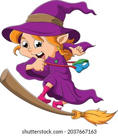 The happy witch is standing in the magic broom of illustration