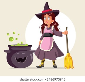 
Happy Witch Standing Next to Bubbling Cauldron Vector Cartoon. Cute young sorcerer preparing a magical potion for Halloween 
