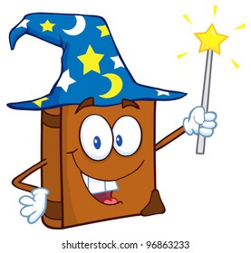 Happy Wizard Book Cartoon Character Holding A Magic Wand. Jpeg version also available in gallery.