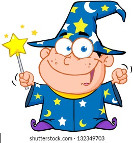 Happy Wizard Boy Waving With Magic Wand
