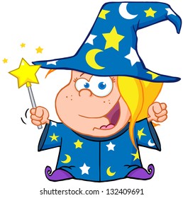 Happy Wizard Girl Waving With Magic Wand