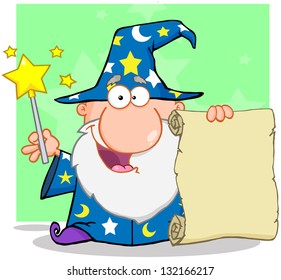Happy Wizard Waving With Magic Wand And Holding Up A Scroll