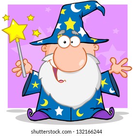 Happy Wizard Waving With Magic Wand