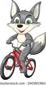 Happy wolf cycling on a bright red bike
