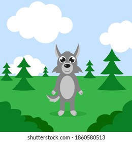 Happy wolf in a forest. Vector cartoon illustration. Isolated. Cute character in the flat style.