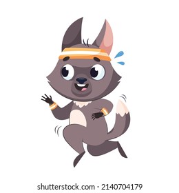 Happy Wolf läuft Cartoon Vektorgrafik. Aufgeregter Raubtier mit Headband, der Cardio Workout oder körperliche Aktivität. Tierwelt, Raubtiere, Sportkonzept