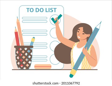 Happy woman adding check mark in to do list with tasks on smartphone screen, flat vector illustration. Task management, planning, scheduling. Checklist mobile app.