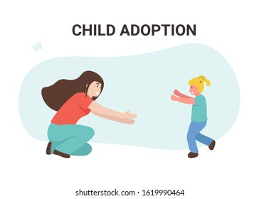 Happy woman adopted a child. Flat vector cartoon illustration.
