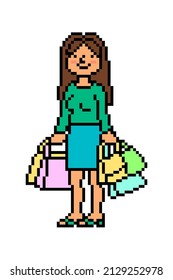 Happy woman after shopping carrying many bags and packages, pixel art character isolated on white background. Sale character. Female store client. Old school 8 bit slot machine, video game graphics. 