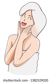 Happy woman after taking a shower, with a smile on her face. It is covered with a towel in the hair and another in the body