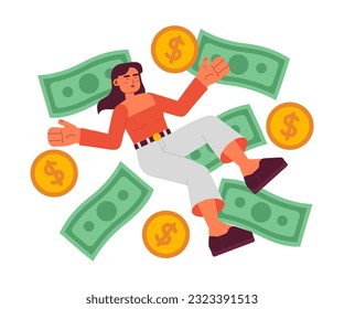 Mujer feliz entre el vector 2D del dinero ilustración aislada del spot. Invertir de negocios en un carácter de inversión de fondo blanco. Escena editable colorida de la mujer de negocios