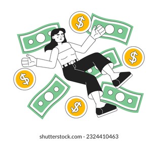 Happy woman among money 2D vector monochrome isolated spot illustration. Business investition flat hand drawn investing character on white background. Businesswoman editable outline cartoon scene