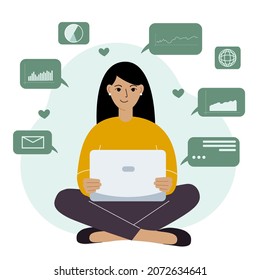 Happy woman analyzing data on her laptop and sitting cross-legged. Data science concept. Business graphs and charts. Vector flat illustration.