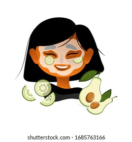 Happy Woman Applying Face Mask To Brighten Refresh Her Face. Self Care Concept Card Character illustration with avocado and cucumber. Self-care and wellness