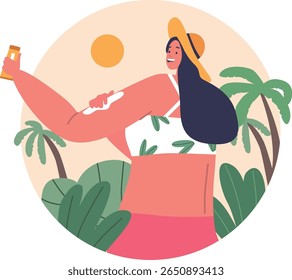 Happy woman applying sunscreen cream