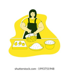 Happy woman in apron cooking lunch at home kitchen