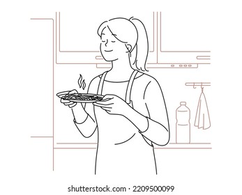 Happy woman in apron smell food in kitchen. Smiling satisfied girl cooking at home enjoy delicious meal preparation. Vector illustration. 