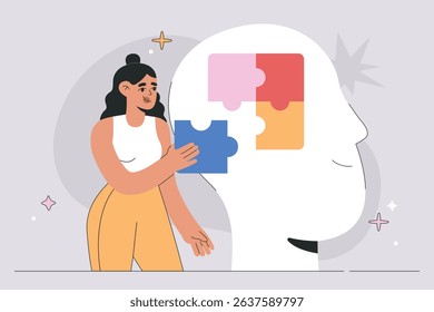 Happy woman arranging jigsaw puzzle in human head, mindfulness and mental health care concept, solving psychological problems. Graphic design, trendy flat vector illustration, isolated background
