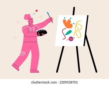 Happy woman artist enjoy drawing. Art and hobby concept. Colorful vector illustration
