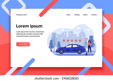 Happy woman assessing taxi service in app. Car, star, rating flat vector illustration. Transportation and urban lifestyle concept for banner, website design or landing web page