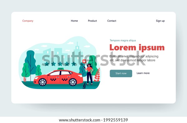 Happy woman\
assessing taxi service in app. Car, star, rating flat vector\
illustration. Transportation and urban lifestyle concept for\
banner, website design or landing web\
page