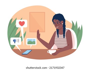 Happy woman avoiding social media usage 2D vector isolated illustration. Cheerful flat character on cartoon background. Life joy colourful editable scene for mobile, website, presentation