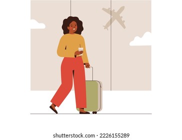 Happy woman with baggage is in airport. African American girl waiting to board her plane and drinks coffee. Female tourist going on summer vacation, journey or trip. Vector illustration