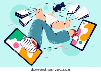 Happy woman with bags feel excited shopping online on sales on gadget. Smiling girl buying on internet on discount. Application offer and promotion. Vector illustration. 