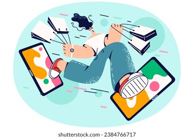 Happy woman with bags feel excited shopping online on sales on gadget. Smiling girl buying on internet on discount. Application offer and promotion. Vector illustration.