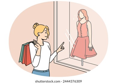 Happy woman with bags shopping in boutiques for new clothes. Smiling girl buying fashion apparel in shops look in showcases. Vector illustration.