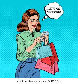 Happy Woman with Bags Using Smart Phone at Shopping. Pop Art Vector illustration