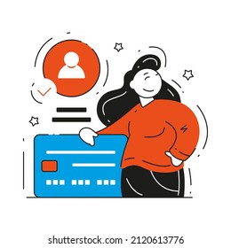 Happy woman banking customer with credit card personal bank account concept vector flat illustration. Female financial service client e business user protection payment bill information isolated