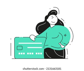 Happy woman banking customer with credit card personal bank account concept vector flat illustration. Female financial service client e business user protection payment bill information isolated