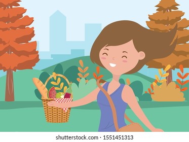 happy woman with basket food picnic nature cityscape vector illustration