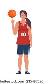 Happy woman basketball player in uniform with ball isolated on white background. Vector illustration