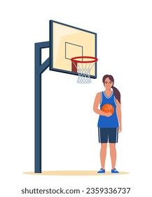 Happy woman basketball player in uniform with ball on the basketball court. Vector illustration