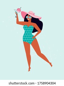 Happy woman in a bathing suit and a straw hat drinks a fruit cocktail. Summer beach party. Hand drawn female character is relaxing by the sea or pool. Pin up girl with an alcoholic drink in vector