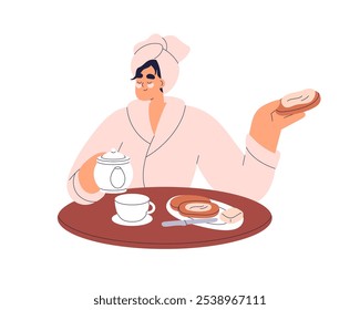 Mujer feliz en albornoz disfrutando del desayuno con el té y la tostada. Mujer relajante, comiendo comida, pan y mantequilla en la mesa del comedor. Rutina matutina. Ilustración vectorial plana aislada sobre fondo blanco