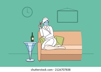 Happy woman in bathrobe relax on sofa in spa with glass of champagne enjoy leisure weekend alone. Smiling girl with mask on face have dayoff in saloon. Beauty day concept. Vector illustration. 