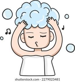 Happy woman in the bathroom, washing her hair and sing a song. Hand drawing cartoon vector transparent.