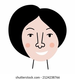 Happy woman with beautiful smile. Vector doodle illustration  . Female hairstyle. Face of girl in cartoon style.