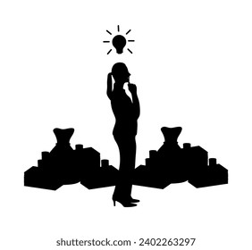 “SHOTLISTbanking”. Happy woman because she had a profitable idea to have more money. Black vector illustration and white background. 
