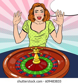 Happy Woman Behind Roulette Table Celebrating Big Win. Casino Gambling. Pop Art Vector retro illustration