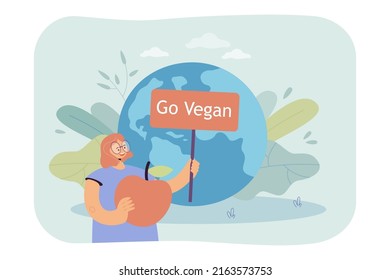 Happy woman with big apple and go vegan sign. Girl with placard promoting veganism flat vector illustration. Healthy lifestyle, ecology, environment concept for banner, website design or landing page