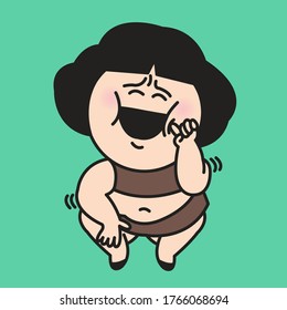 Happy Woman With Big Belly Fat Laughing Out Loud While Trying To Touch Her Toes Concept Card Character illustration