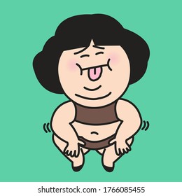 Happy Woman With Big Belly Fat Sticking Tongue Out While Trying To Touch Her Toes Concept Card Character illustration