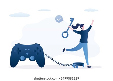 Happy woman with big key. Female player opened shackles and got rid of gambling addiction. Gamer girl is not chained to huge joystick. Problem of addiction to esports and online games. flat vector